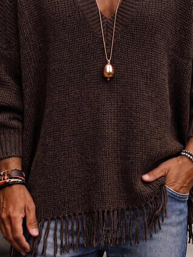 Vintage V-Neck Fringe Hem Knit Sweater - Brown
