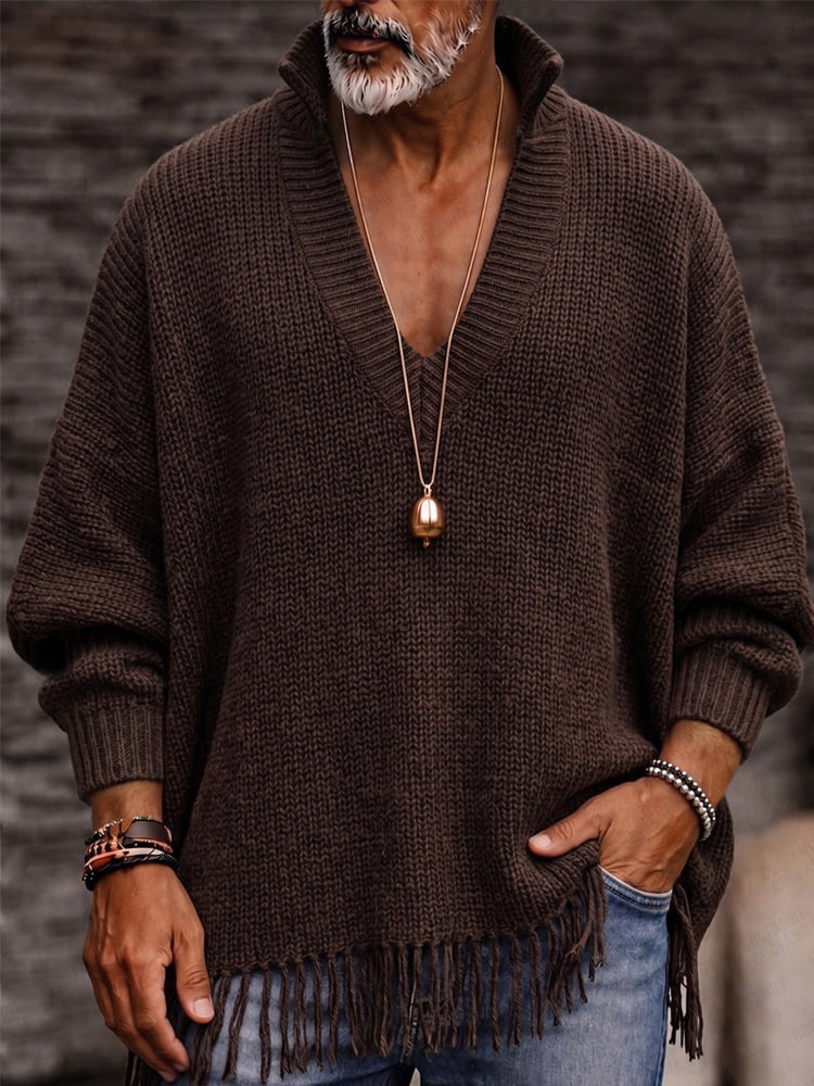 Vintage V-Neck Fringe Hem Knit Sweater - Brown
