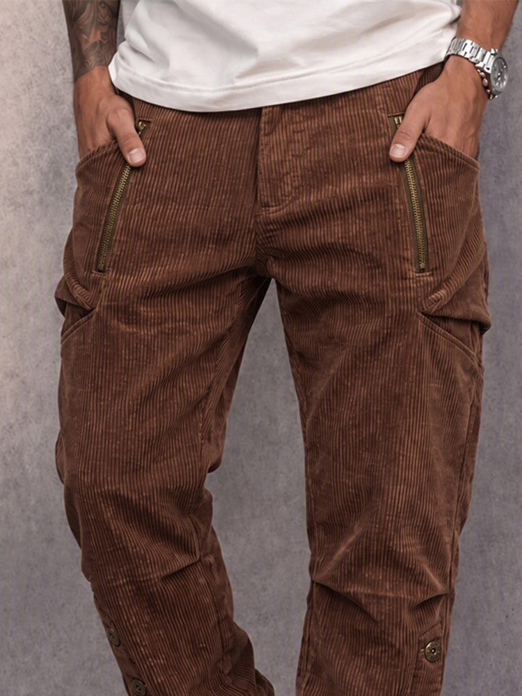 Retro Streetwear Button Cuff Corduroy Pants - Brown
