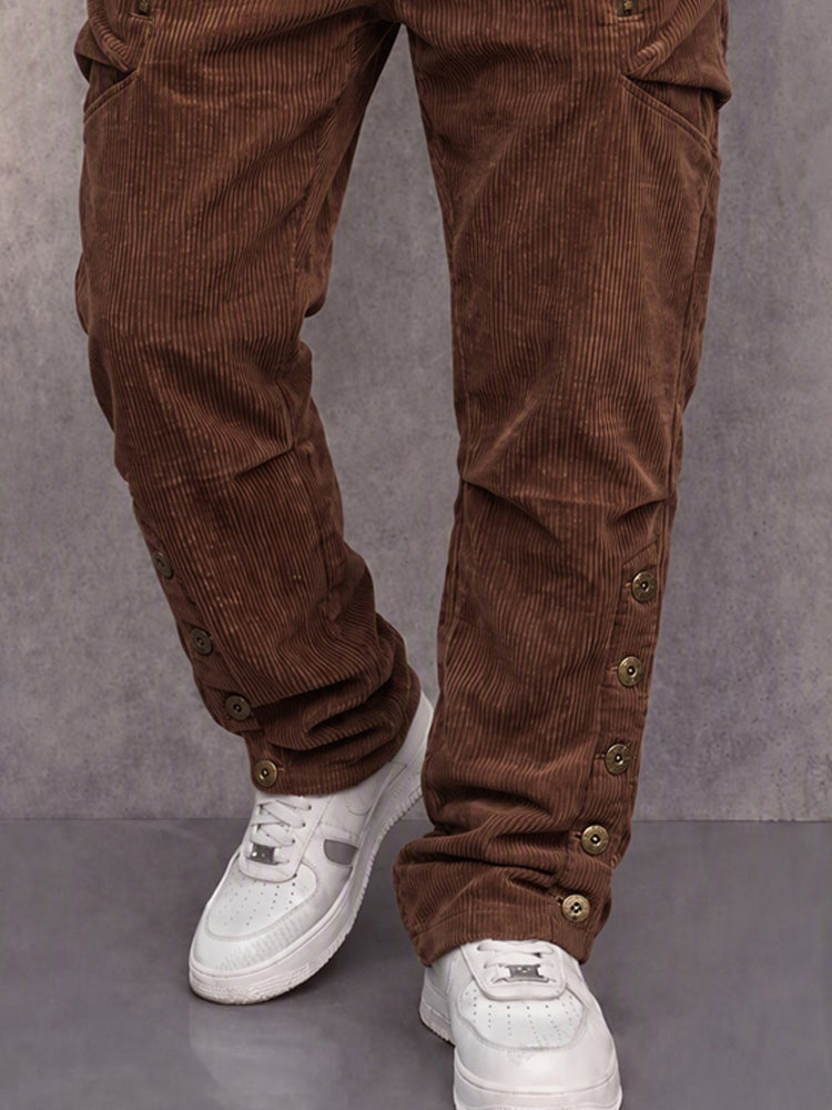 Retro Streetwear Button Cuff Corduroy Pants - Brown