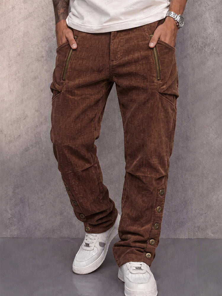 Retro Streetwear Button Cuff Corduroy Pants - Brown