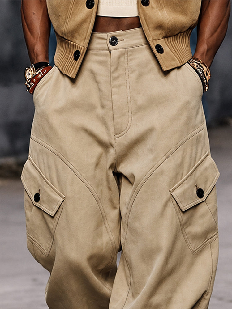 Urban Streetwear Faux Suede Cargo Joggers - Khaki