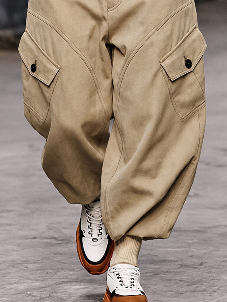 Urban Streetwear Faux Suede Cargo Joggers - Khaki