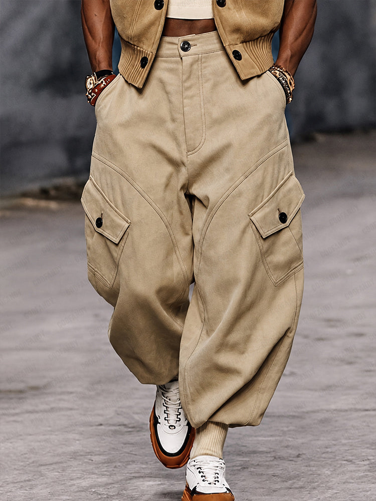 Urban Streetwear Faux Suede Cargo Joggers - Khaki