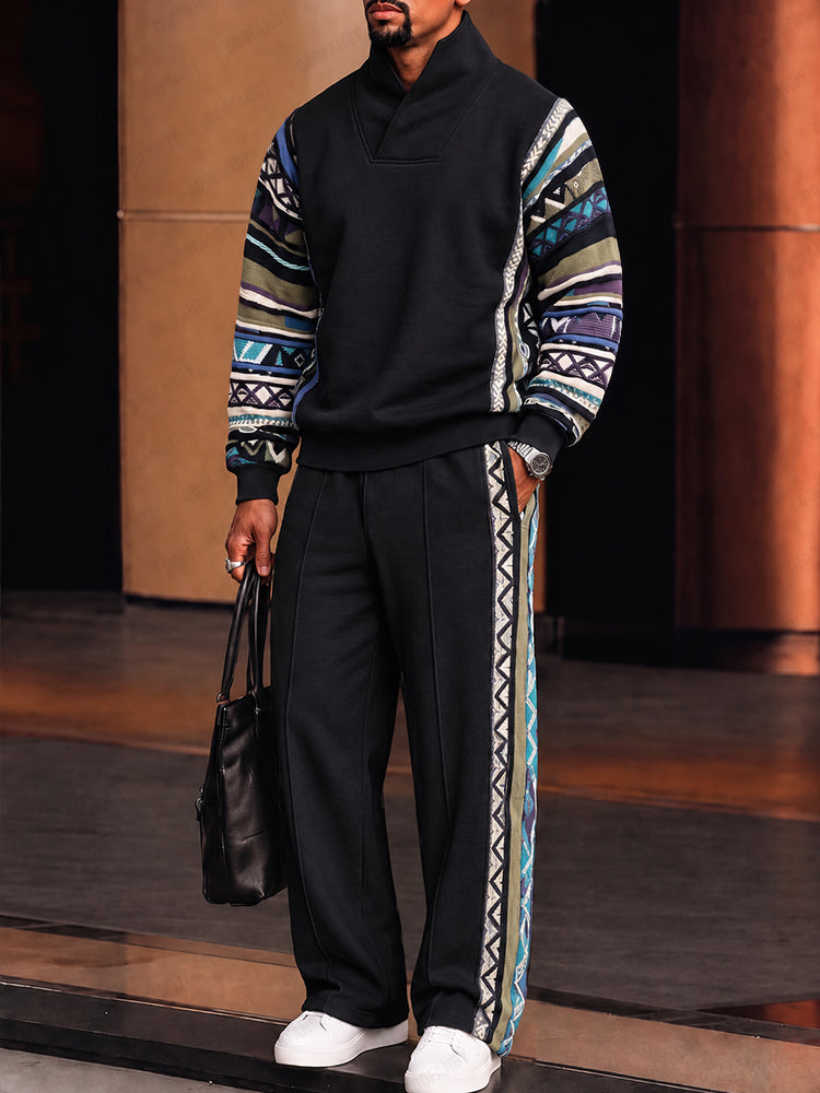 Athleisure Tribal Print Trim Stand Collar Matching Set - Black
