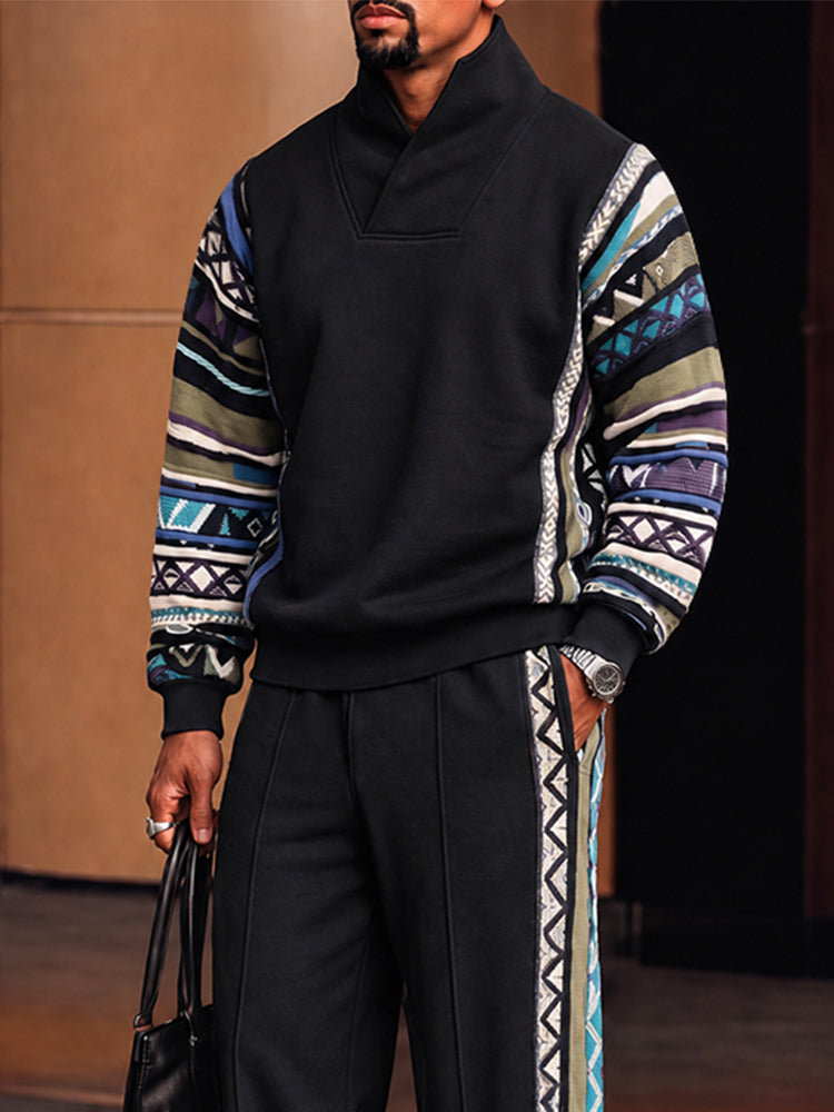 Athleisure Tribal Print Trim Stand Collar Matching Set - Black