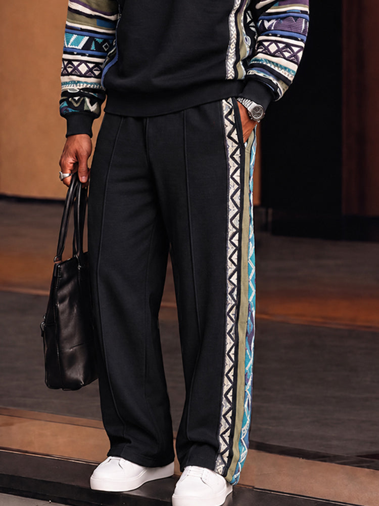 Athleisure Tribal Print Trim Stand Collar Matching Set - Black
