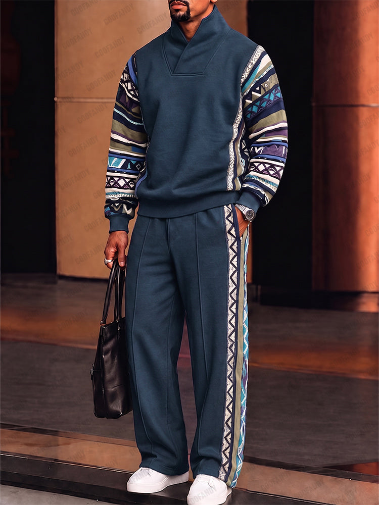 Athleisure Tribal Print Trim Stand Collar Matching Set - Navy Blue