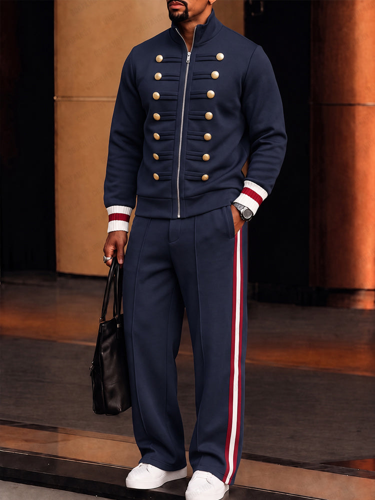 Military Style Gold Button Detail Tracksuit - Navy Blue