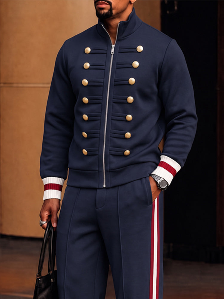 Military Style Gold Button Detail Tracksuit - Navy Blue