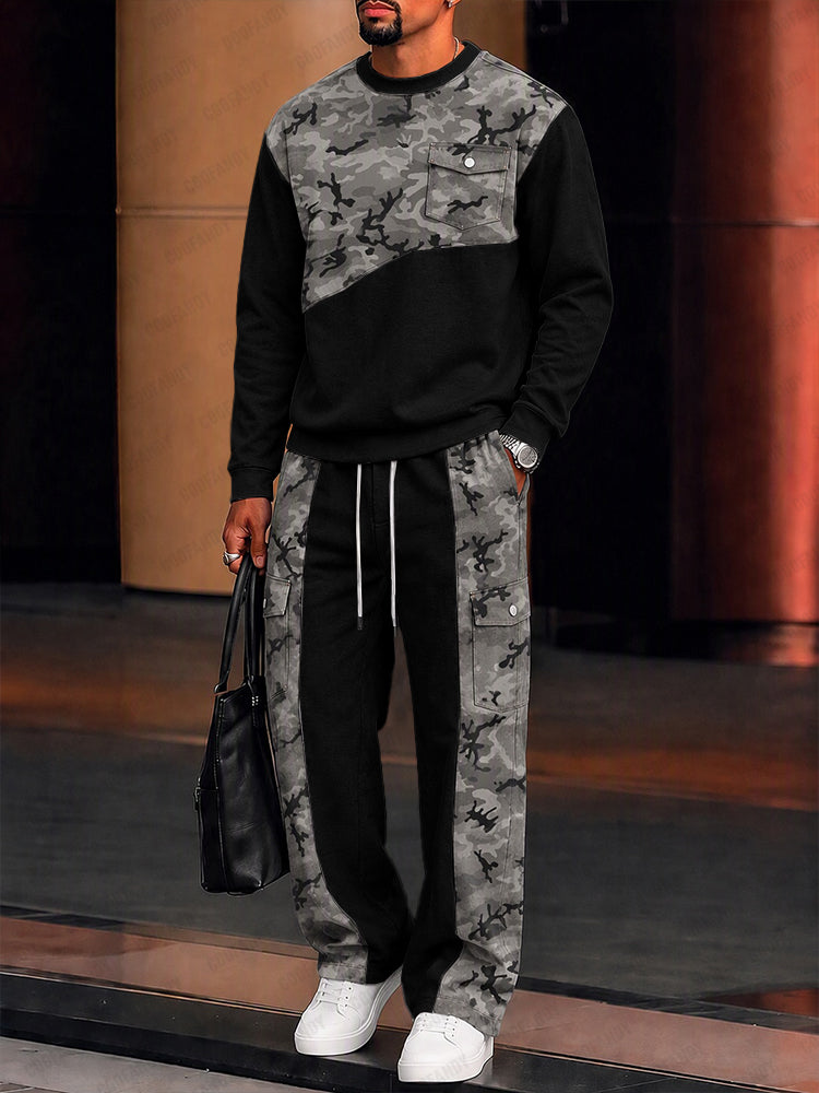 Athleisure Camo Patchwork Sweatshirt and Cargo Pants Set - Black