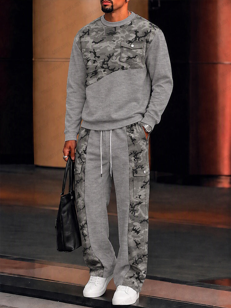 Athleisure Camo Patchwork Sweatshirt and Cargo Pants Set - Gray