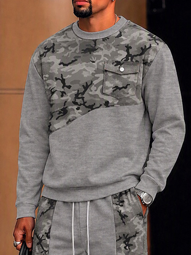 Athleisure Camo Patchwork Sweatshirt and Cargo Pants Set - Gray