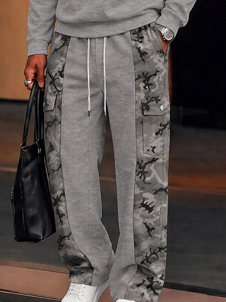 Athleisure Camo Patchwork Sweatshirt and Cargo Pants Set - Gray