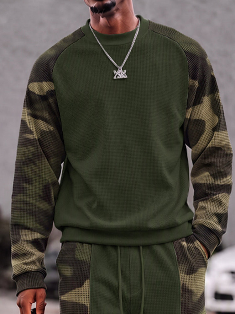 Street Style Camo Panel Waffle Sports Set - Army Green