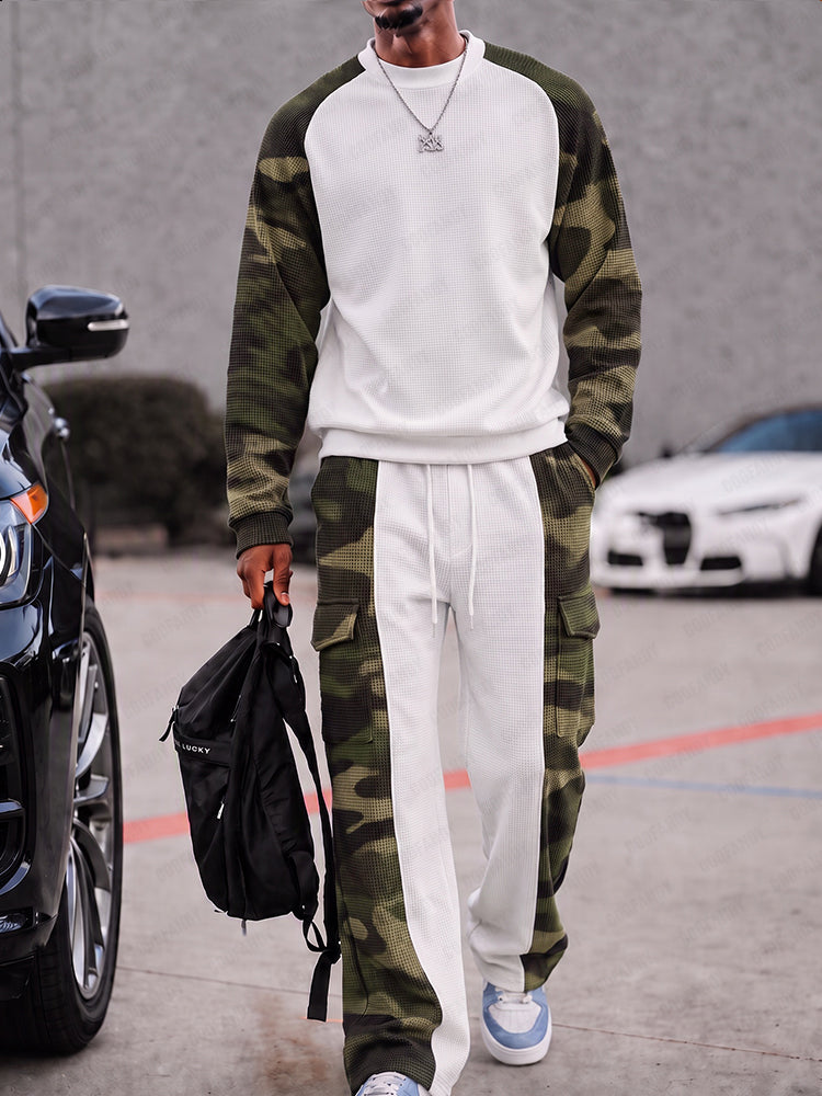 Street Style Camo Panel Waffle Sports Set - White