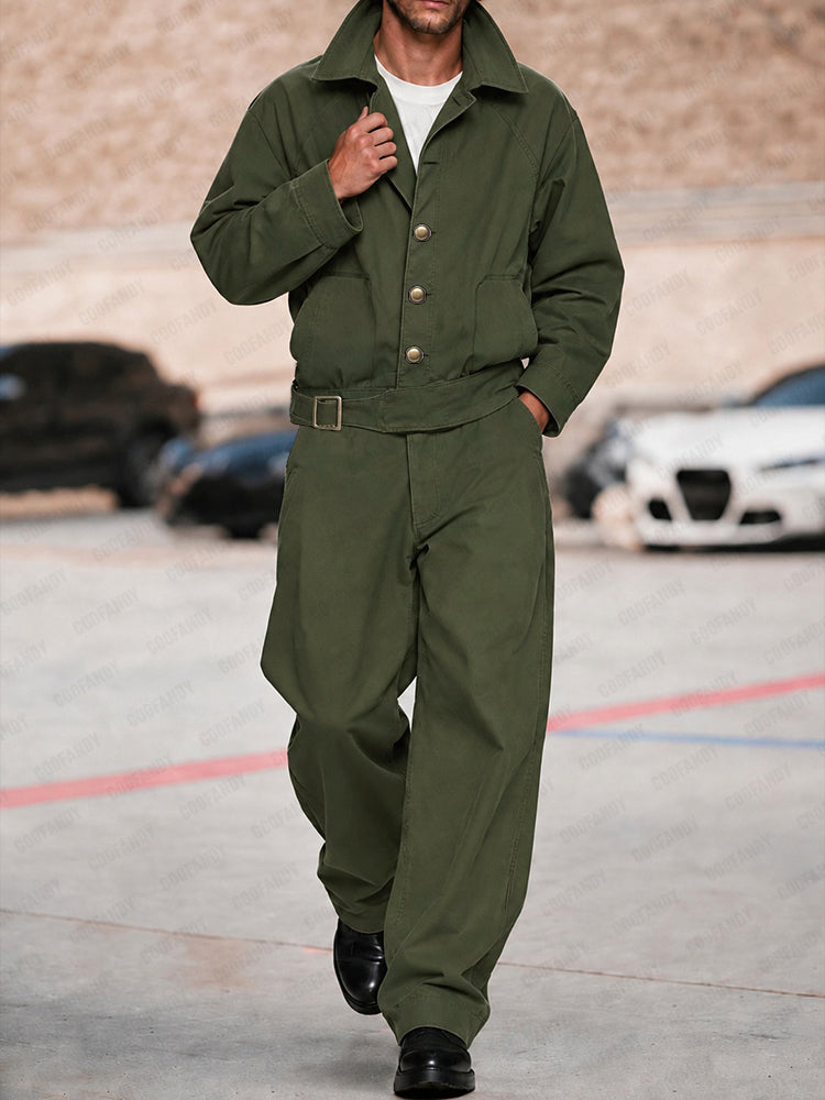 Cargo Style Pure Cotton Belted Jacket Pants Set - Army Green