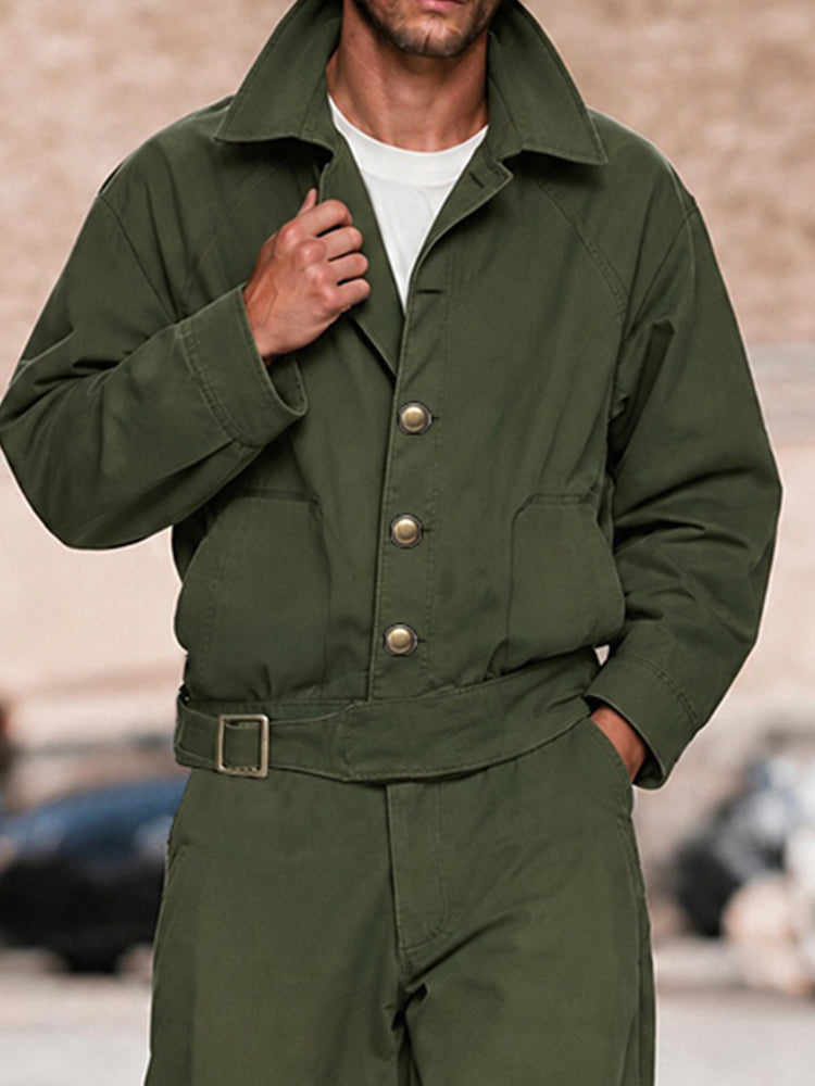 Cargo Style Pure Cotton Belted Jacket Pants Set - Army Green