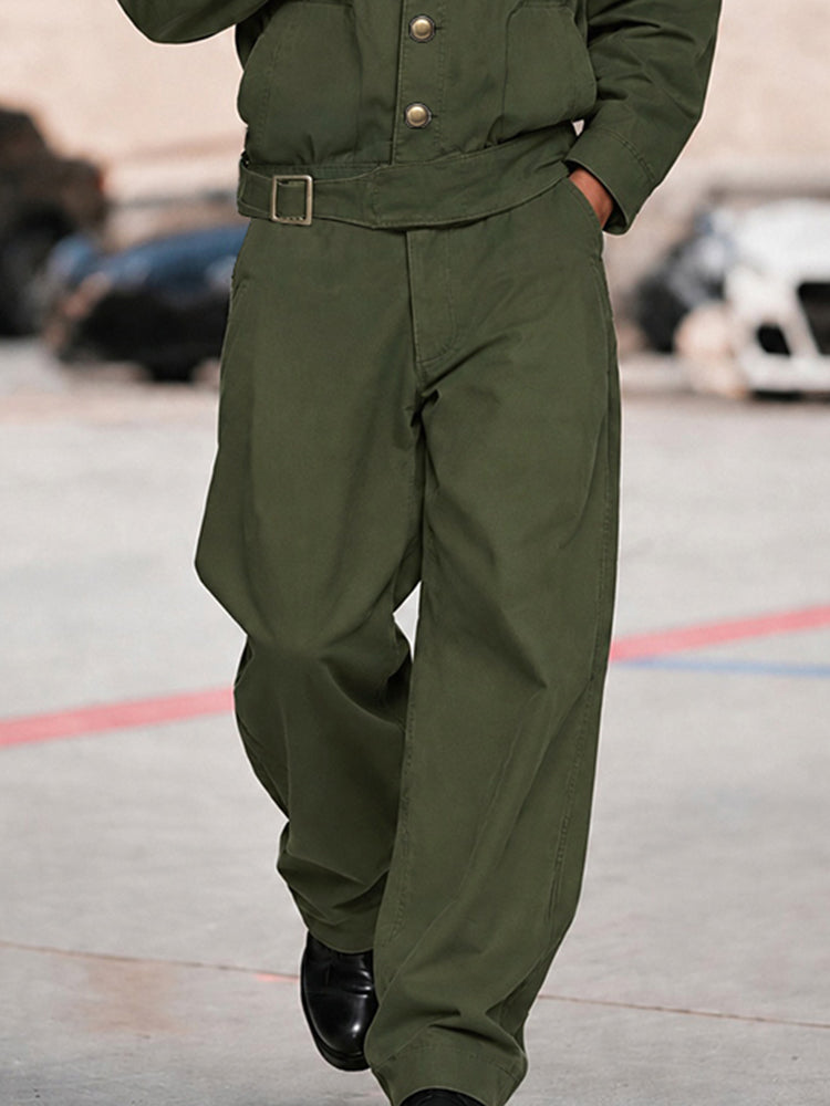 Cargo Style Pure Cotton Belted Jacket Pants Set - Army Green