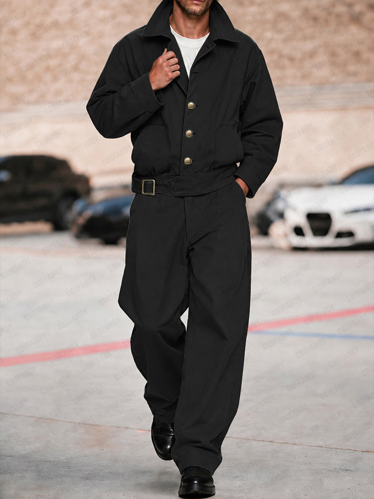Cargo Style Pure Cotton Belted Jacket Pants Set - Black