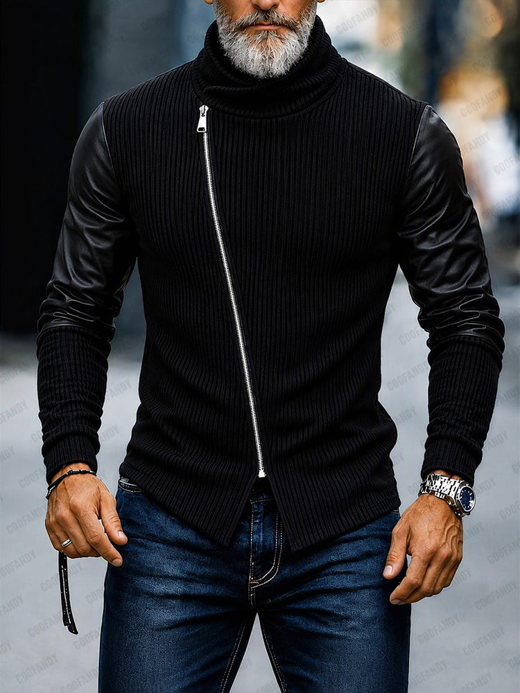 Statement Turtleneck Asymmetrical Zip PU Sleeves Sweater - Black