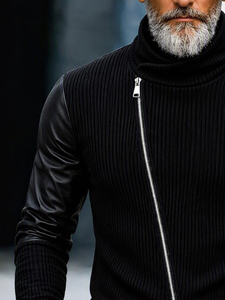 Statement Turtleneck Asymmetrical Zip PU Sleeves Sweater - Black