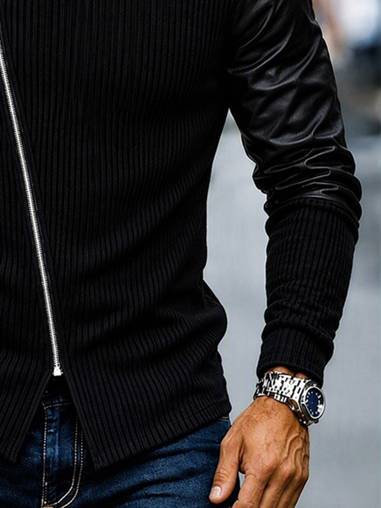 Statement Turtleneck Asymmetrical Zip PU Sleeves Sweater - Black