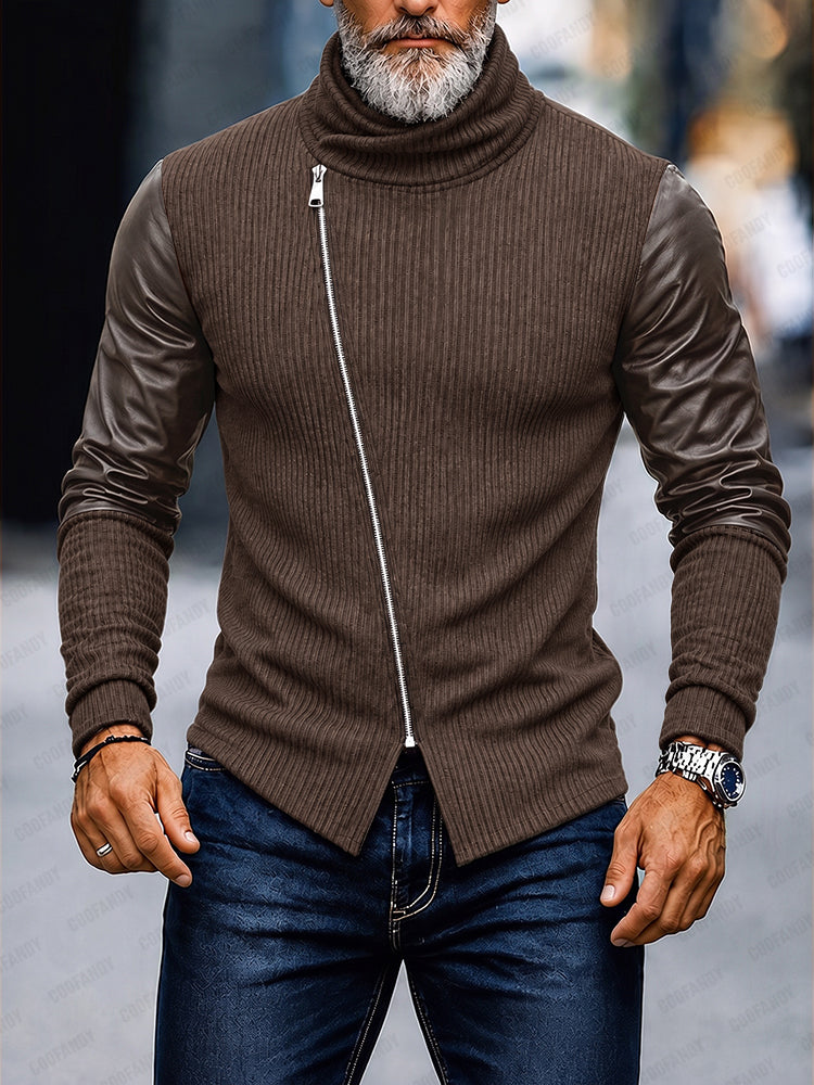 Statement Turtleneck Asymmetrical Zip PU Sleeves Sweater - Brown
