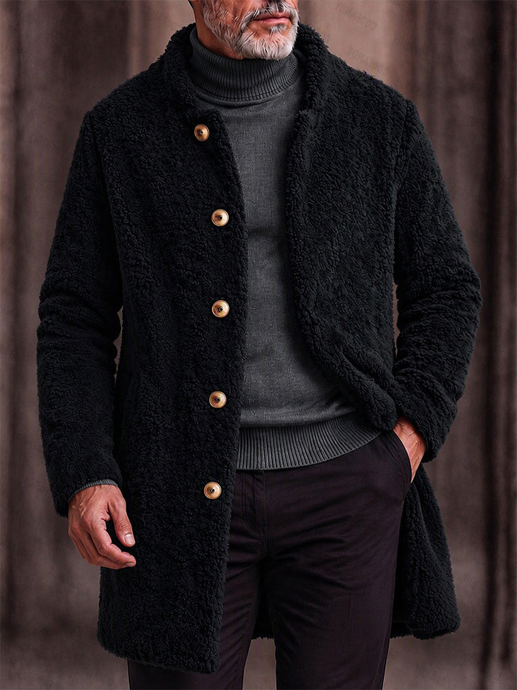Ultra-soft Fleece Button Front Long Coat - Black