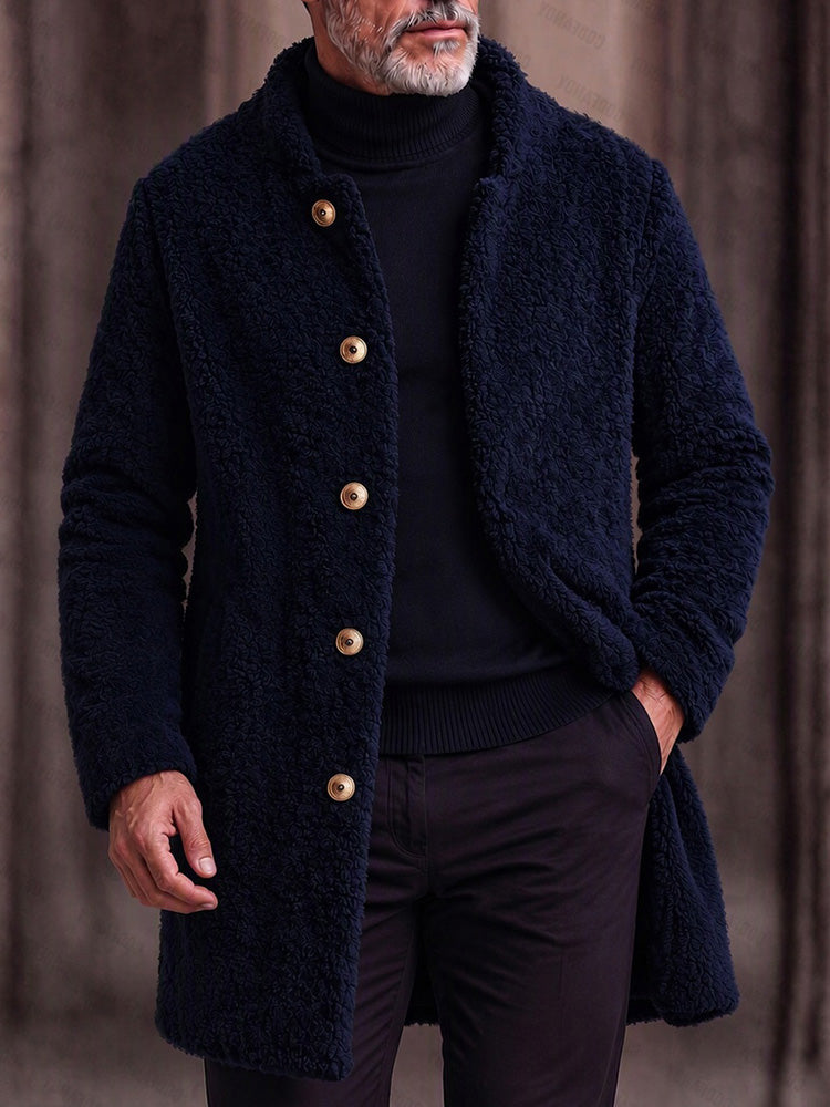 Ultra-soft Fleece Button Front Long Coat - Navy Blue