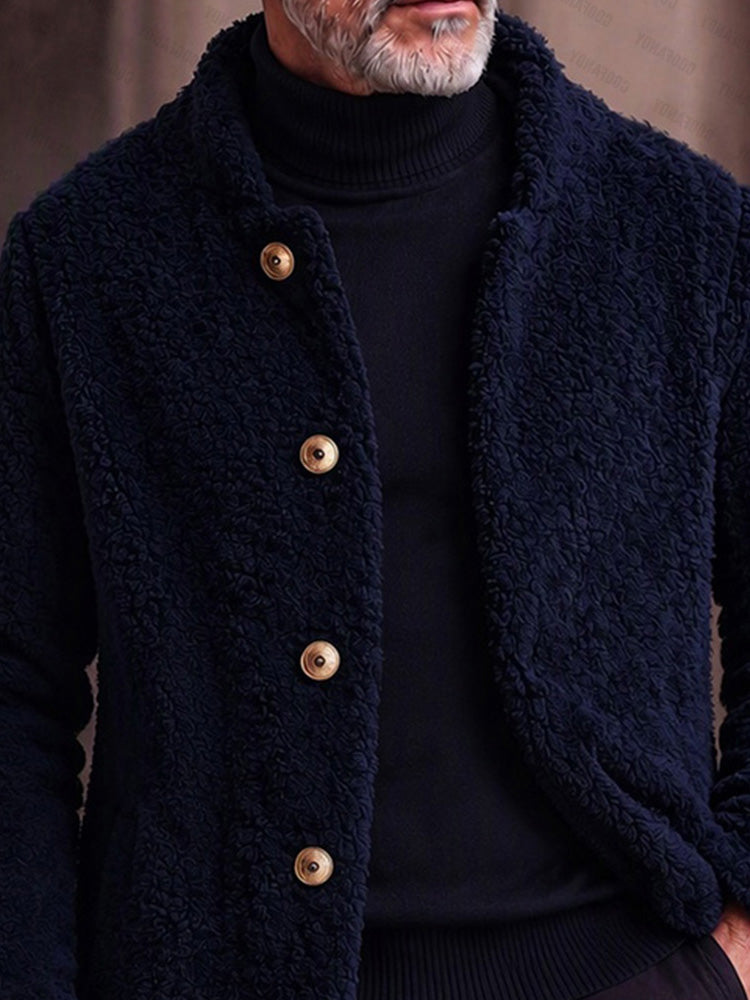 Ultra-soft Fleece Button Front Long Coat - Navy Blue