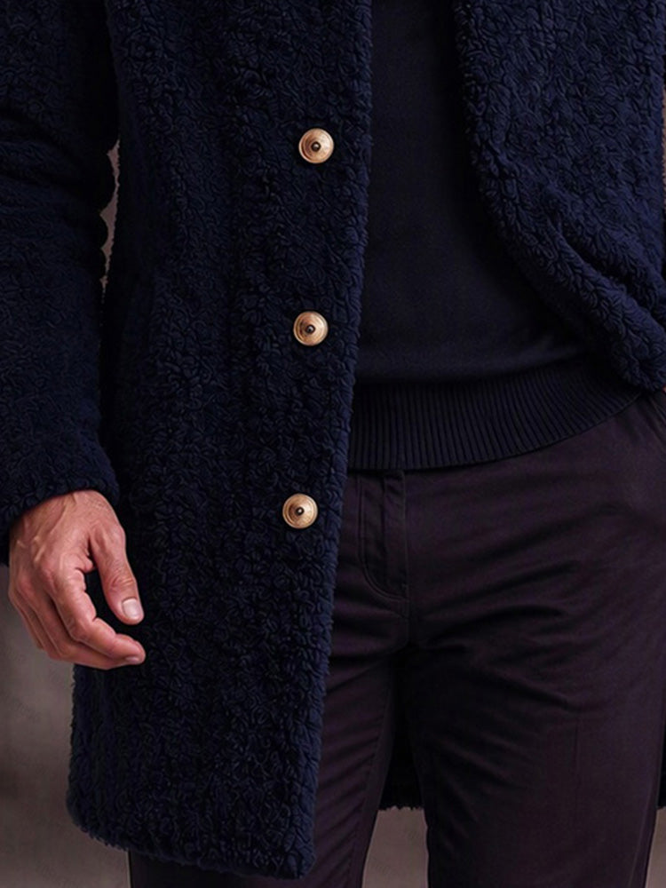 Ultra-soft Fleece Button Front Long Coat - Navy Blue