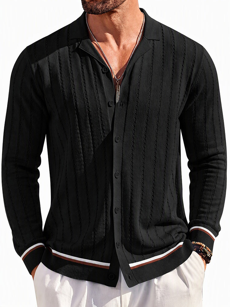 Casual Versatile Striped Button Down Knit Shirt - Black