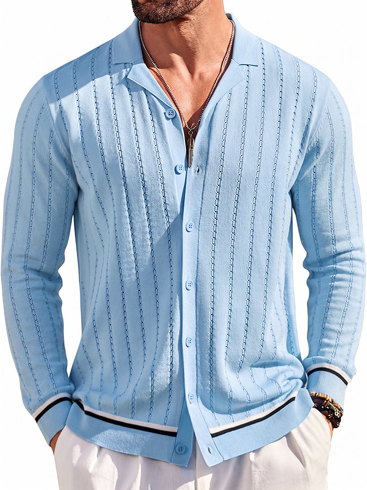 Casual Versatile Striped Button Down Knit Shirt - Clear Blue