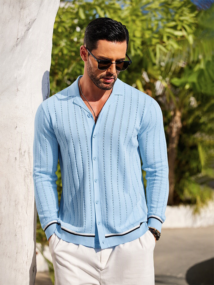 Casual Versatile Striped Button Down Knit Shirt - Clear Blue