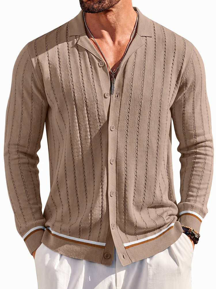 Casual Versatile Striped Button Down Knit Shirt - Khaki