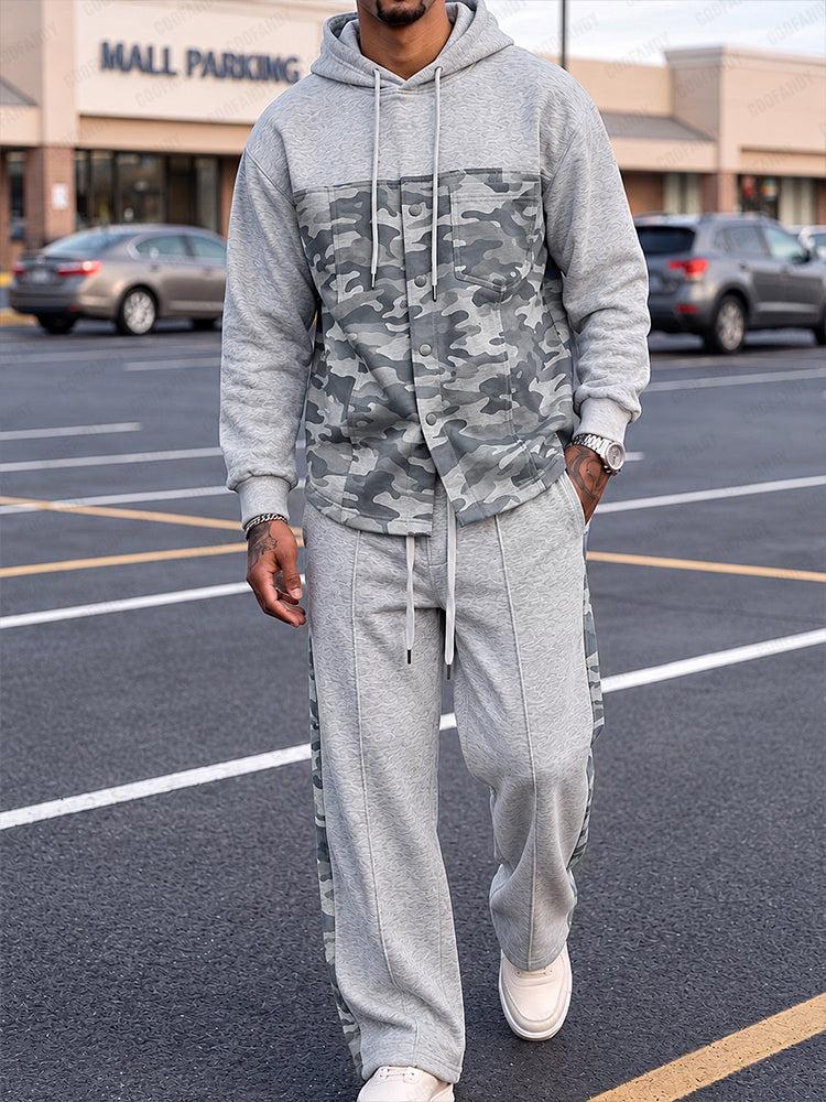Casual Street Style Camo Panel Hoodie Set - PAT1