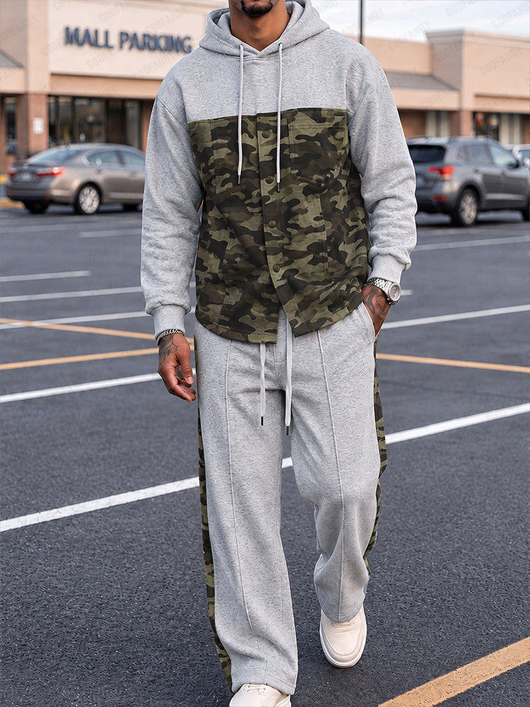 Casual Street Style Camo Panel Hoodie Set - PAT2
