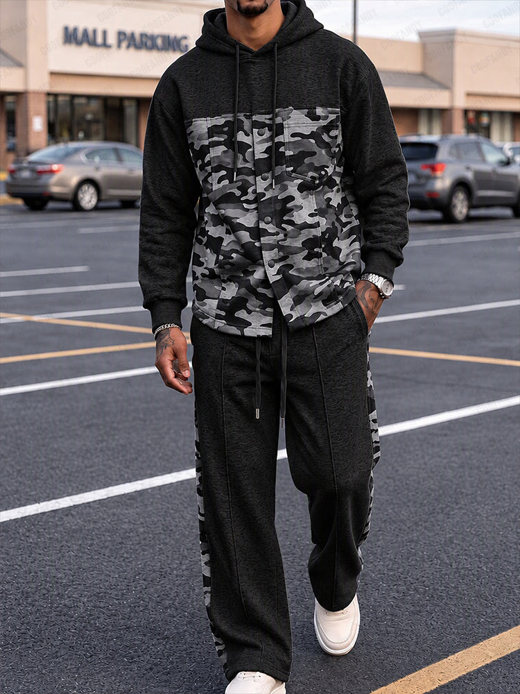 Casual Street Style Camo Panel Hoodie Set - PAT3