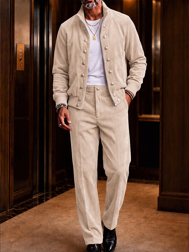 Elevated Casual Stand Collar Corduroy Zip Jacket Set - Apricot