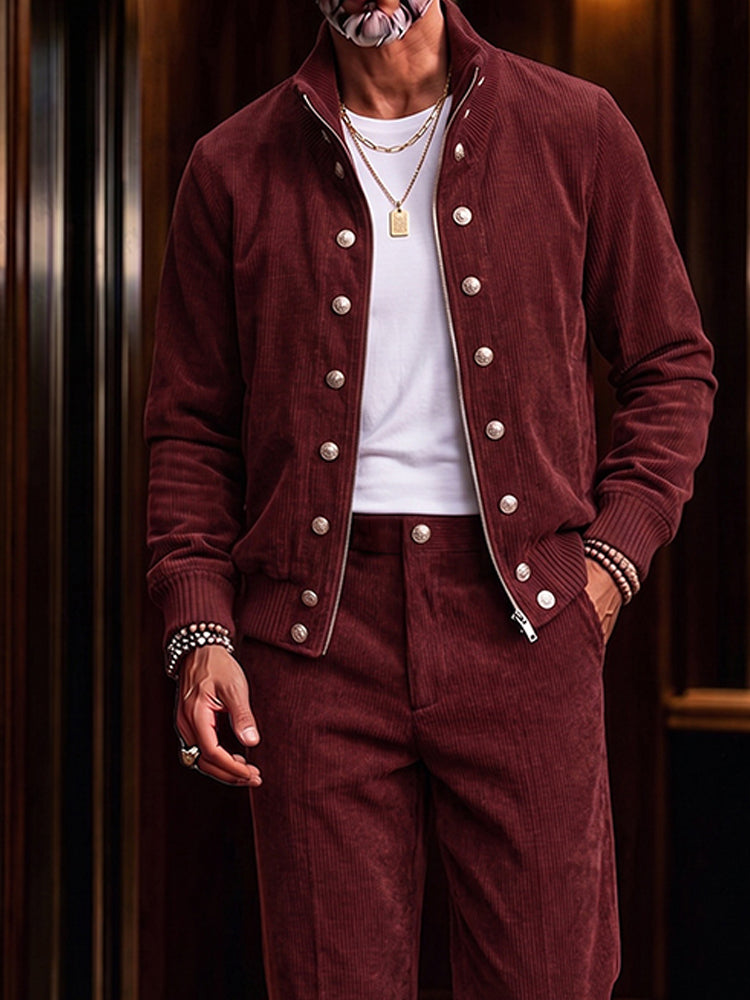 Elevated Casual Stand Collar Corduroy Zip Jacket Set - Wine Red