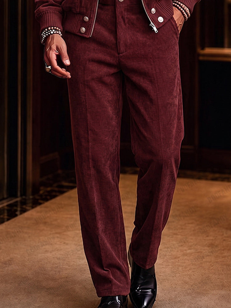 Elevated Casual Stand Collar Corduroy Zip Jacket Set - Wine Red