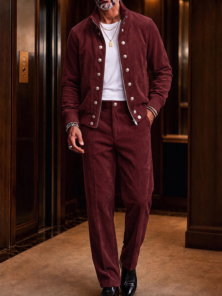 Elevated Casual Stand Collar Corduroy Zip Jacket Set - Wine Red