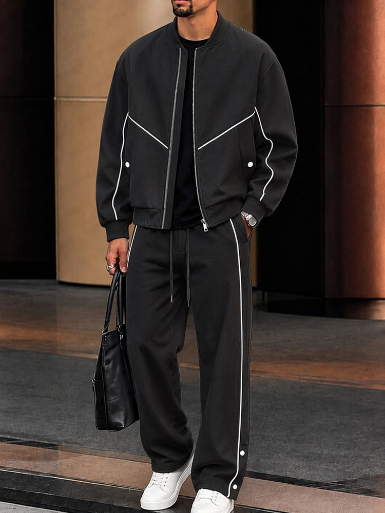 Urban Relaxed Contrast Piping Jacket Pants Set - Black
