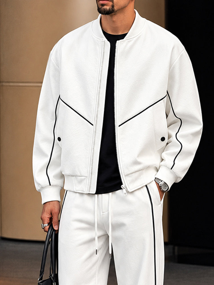 Urban Relaxed Contrast Piping Jacket Pants Set - White