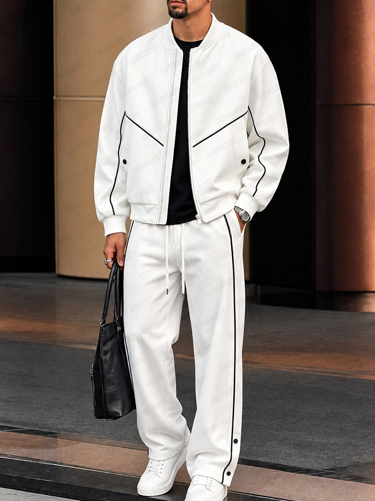 Urban Relaxed Contrast Piping Jacket Pants Set - White