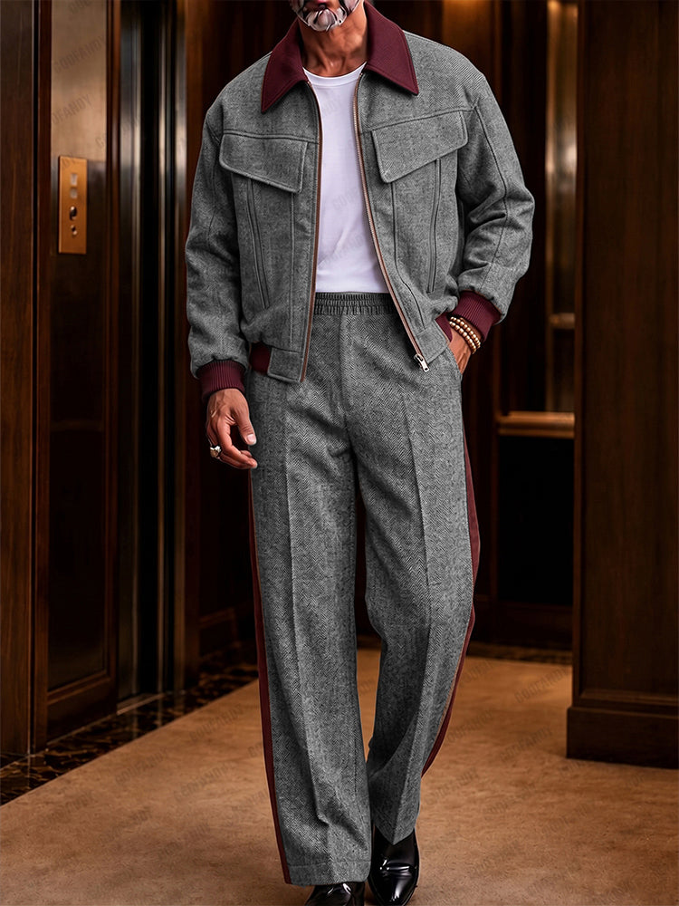 Retro Herringbone Color Block Jacket Pants Set - Gray