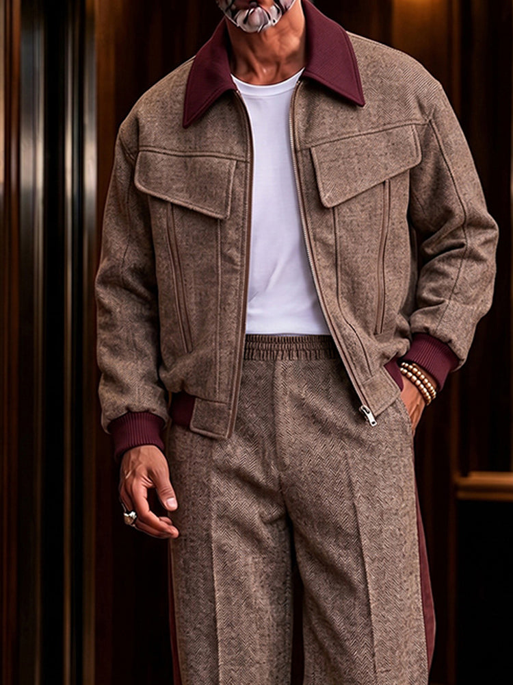 Retro Herringbone Color Block Jacket Pants Set - Brown