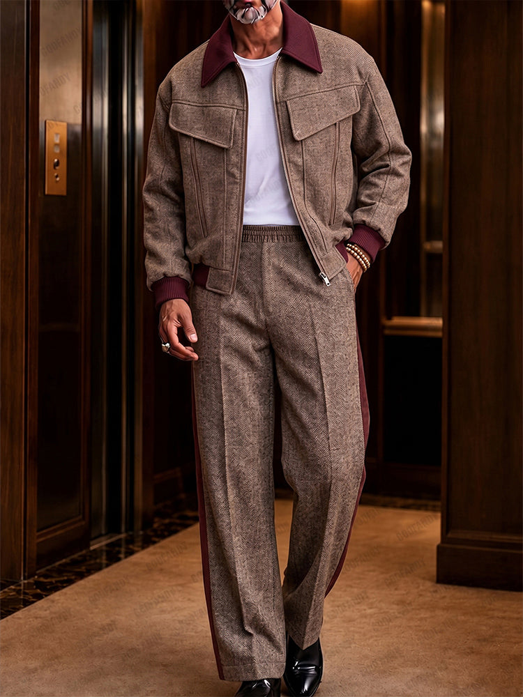 Retro Herringbone Color Block Jacket Pants Set - Brown