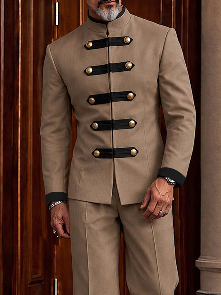 Military Style Mandarin Collar Zip Jacket Set - Khaki